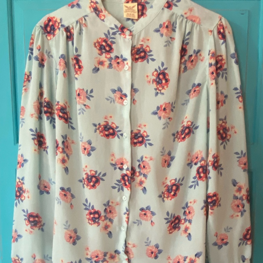 Blouse from Faded Glory - Light Blue Floral button up motorcycle collar cottage